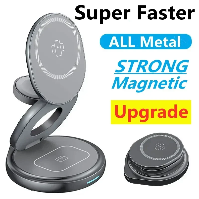 Všetky kovové rýchle magnetické bezdrôtové nabíjačky stojan pre Apple iPhone 16 15 14 13 IWATCH 1-9 Držiak telefónu 3 v 1 nabíjacej stanici