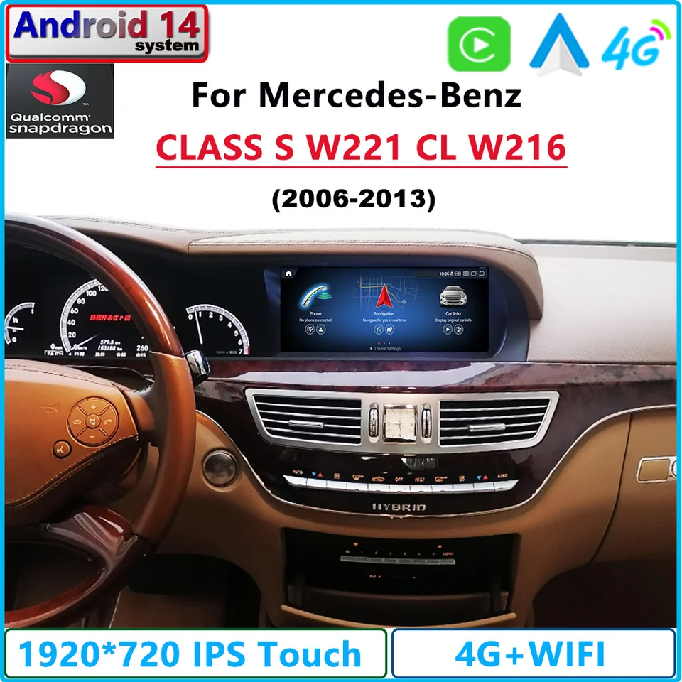 W221 CL W216 Android 14 Qualcomm pre Mercedes-Benz Class S350 CarPlay Car Radio Stereo GPS navigačné multimediálne prehrávač obrazovky