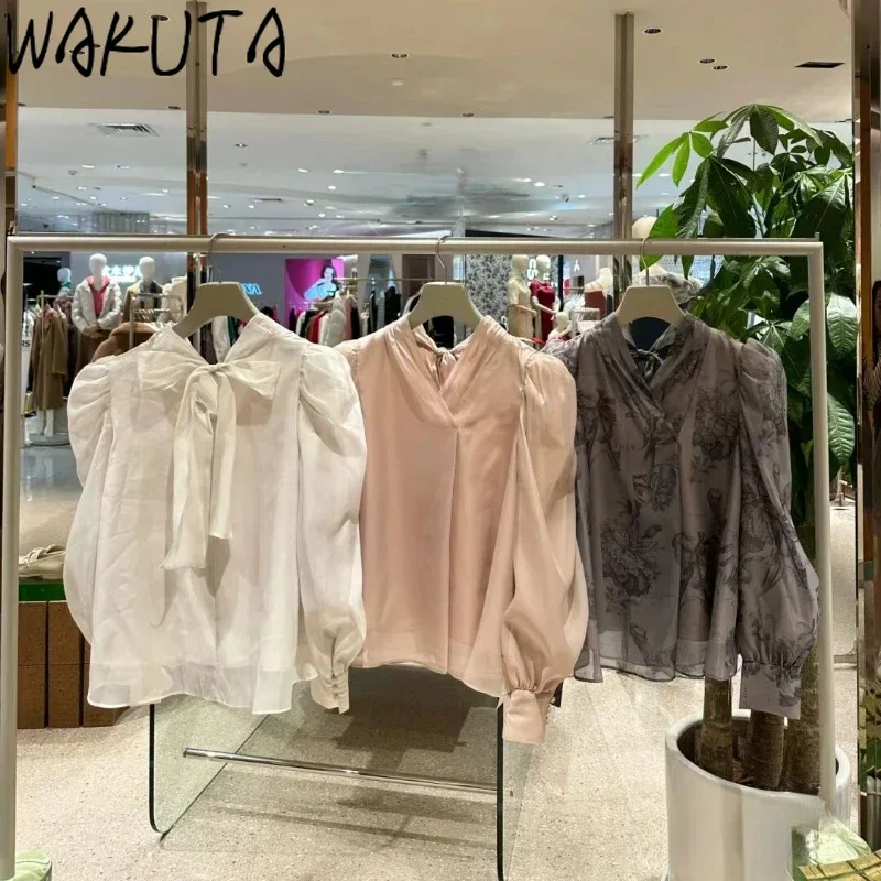 Wakuta Sladké elegantné elegantné puzdro stojan na rukávové obojky košeľa neformálne čerstvé tlačidlo Lace Up Blúses Japan módne voľné šifónové blusas