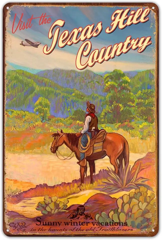 Wall Decor Metal Signs Texas Hill Country Sign, Rick Art, Vintage Old Southwest Wildess, retro kovbojský plechový znak 8 x 12 in