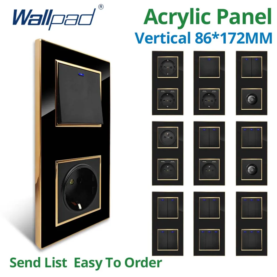 WallPad Vertikálne čierny akrylový panel Zlatý spínač steny GOODROBNÉHO OBCHODU USB nabíjanie EU Power Socket 4 5 6 7 8 GANG 2 WAY RESET