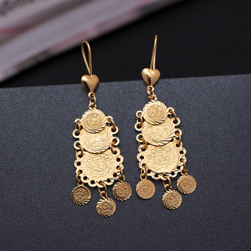 Wando Gold Color Money Mince Náušnice Nevesta Islamské moslimské arabské náušnice pre ženy Muži na strednom východe šperky Africké darčeky