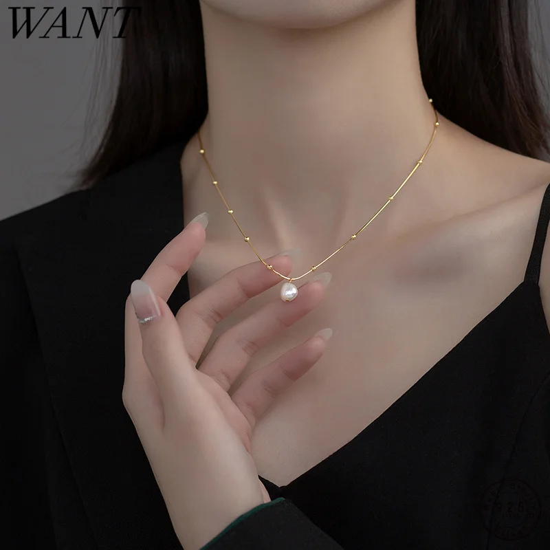 Wantme 925 Sterling Silver Fashion Simple Snake Bone Chain Prírodný barokový perlový náhrdelník pre ženy Elegantné šperky na kosti