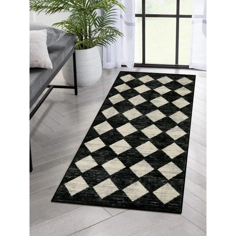 Washable čiernobiela kuchynská bežecká koberec, 2x5 mäkká neplatná práčovňa koberce Koberce Koberce Rugs s gumovou podložkou