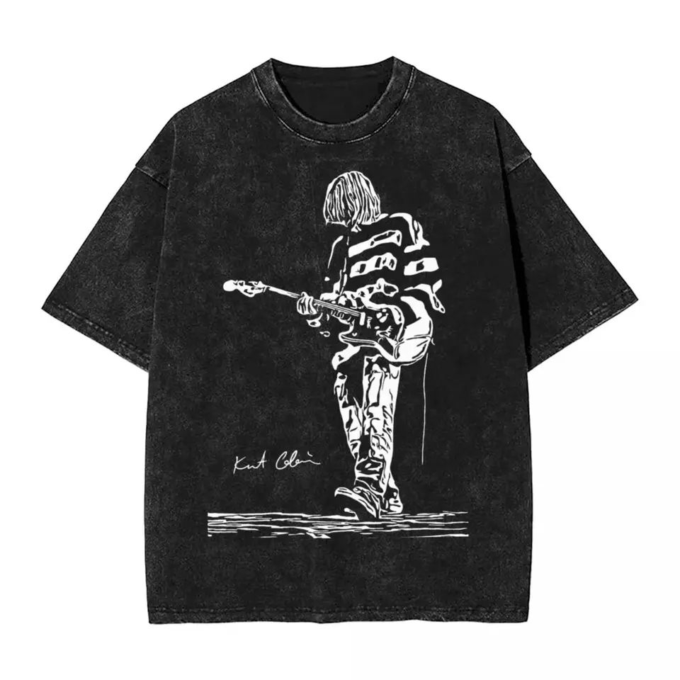 Washed T tričko Kurt Cobain Guitar Hip Hop Vintage Tričká High Street Streetwear Cotton Grafické tlačené vrcholy Tees Men Ženy