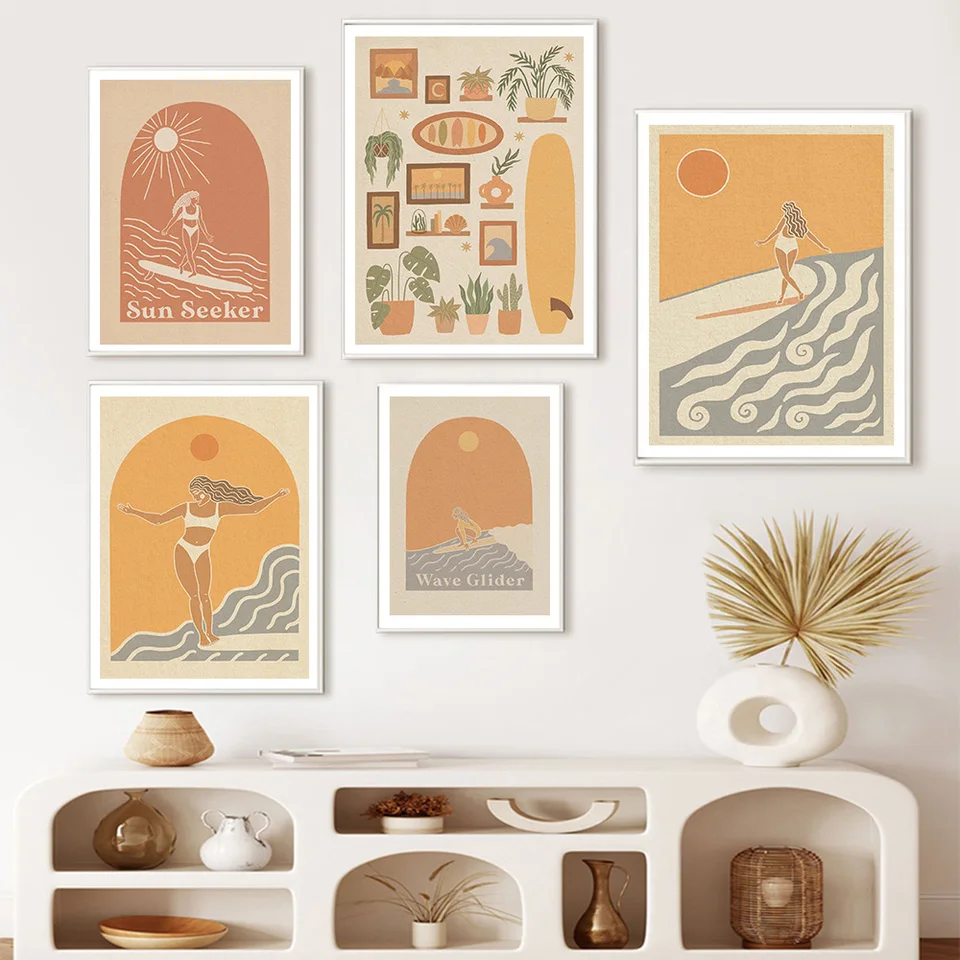 Wave Chaser Surf Girl Canvas maľba západ slnka plážový dom pobrežné rastliny výtlačky
