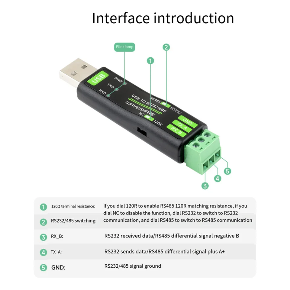 Waveshare USB až RS232/485 Serial Communication Converter FT232RNL pre Mac Linux Android Win 11/10/8.1/8/7