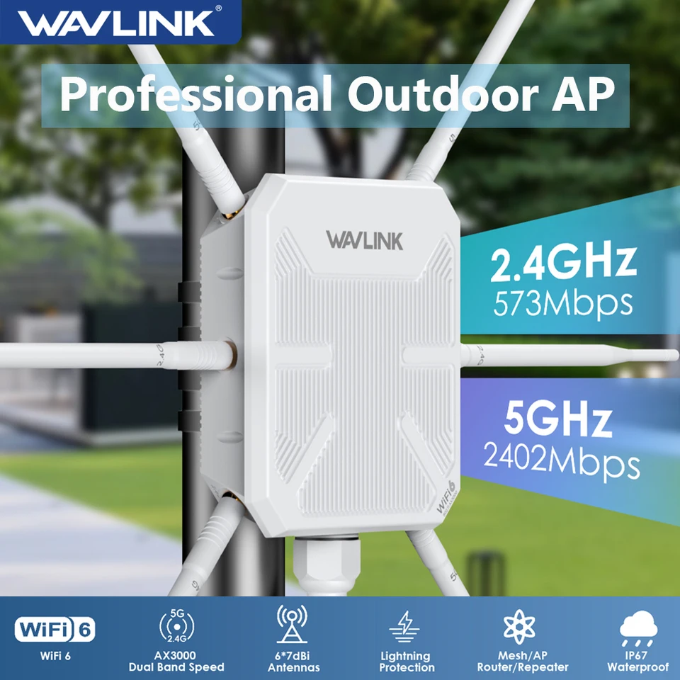 Wavlink High -Power WiFi6 dlhý dosah vonkajšieho prístupového bodu Dual Band 2,4G+5G WiFi Mesh Extender Booster s Poe IP67 odolný voči poveternostným vplyvom