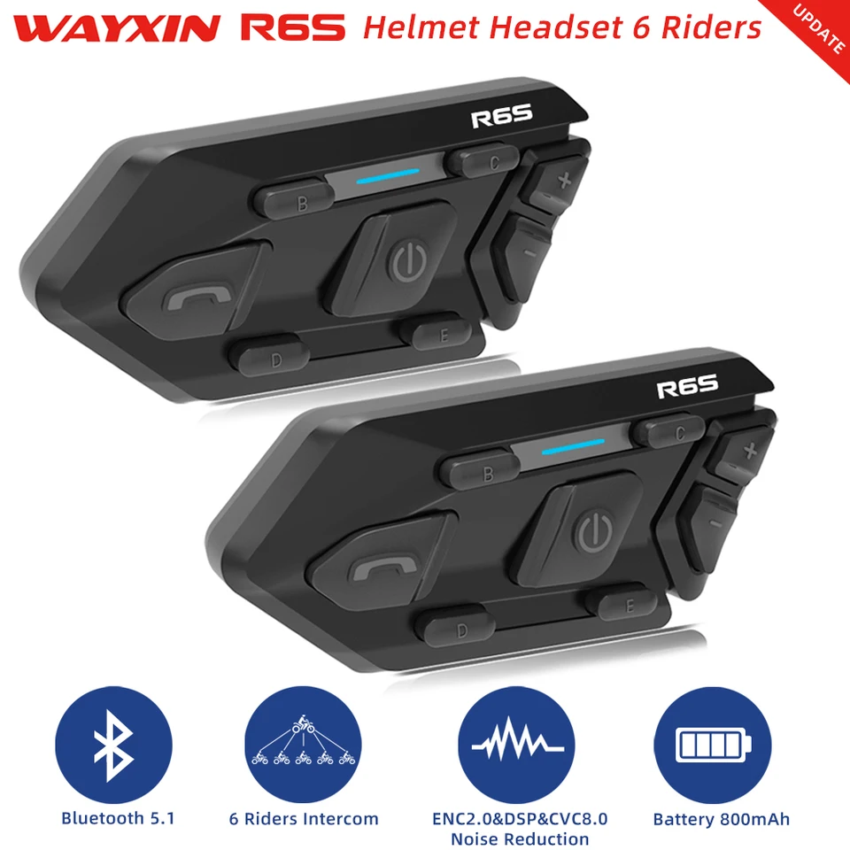 WAYXIN R6S Motorcycle Bluetooth Helme Helme 6 Riders Intercom 800 mAh Interphone Communicator 1200 m nepremokavý Bluetooth 5.1
