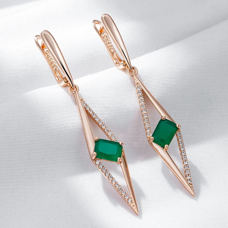 WBMQDA GEOMETRIC 585 Rose Gold Color Dlhá kvapka Náušnice pre ženy zelené prírodné zirkónové nastavenie Etnické svadobné šperky