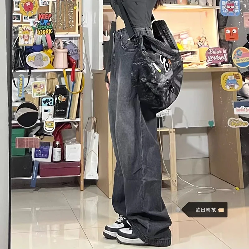 WCFCX Studio Women Vintage Streetwear Black Baggy Kórejské džínsy High Waiste Nadmerné nohavice na nohavice Denim Y2K