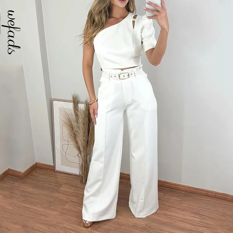 Wefads dvojdielne súpravy Ženy Elegantné pevné solídne Puff Puff krátke rukávy Dutlow Out nepravidelné horné voľné nohavice súpravy s pásom