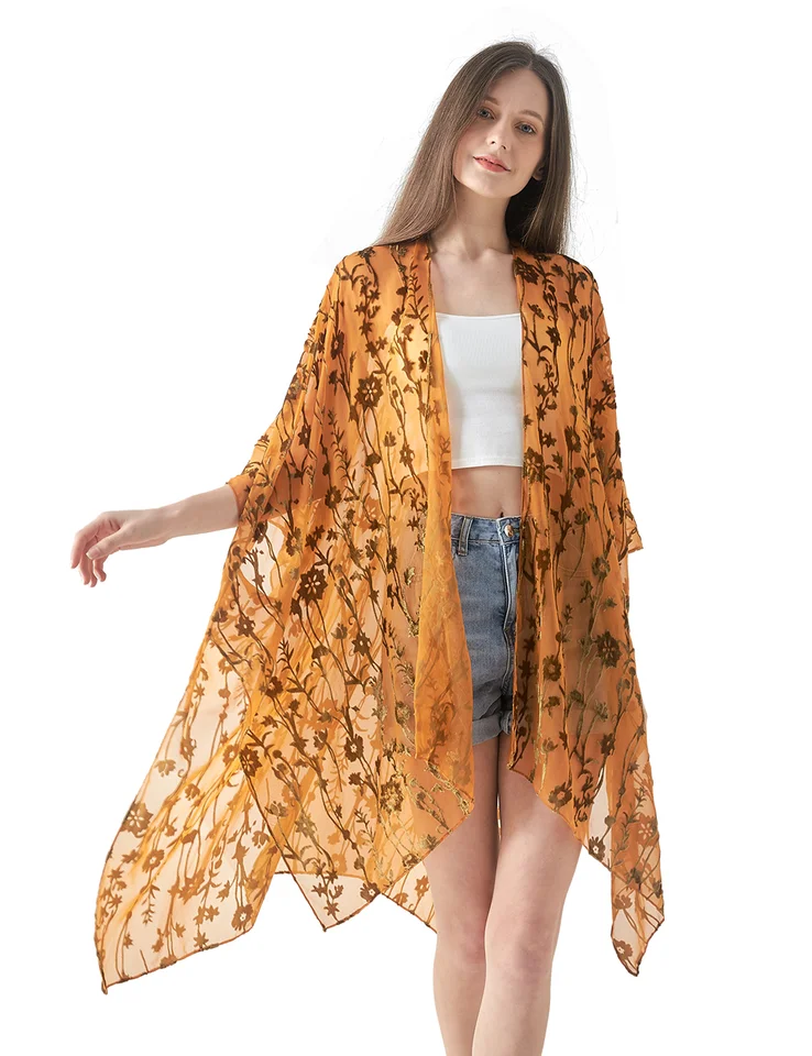 Wehello-Burnout Velvet Kimono pre ženy, dlhý sveter, plážový kryt bez strapce, dovolenkové neformálne šál, dropshipping