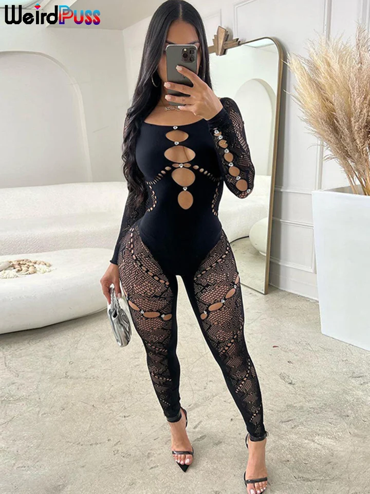 Weird Puss Sexy Hollow Jacksuit Ženy Hrubý lomítko krk kamienok Midnight Clubwear Skinny Elastic Elastic Elastic s dlhým rukávom Celkouts