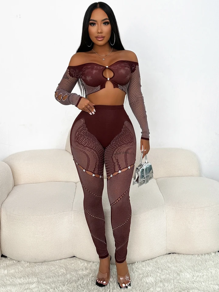 Weird Puss Sexy hrubé ženy 2 kus set elegantné duté kamienky lomínové plodiny vrcholy+patchwork legíny natiahnuté klubové oblečenie