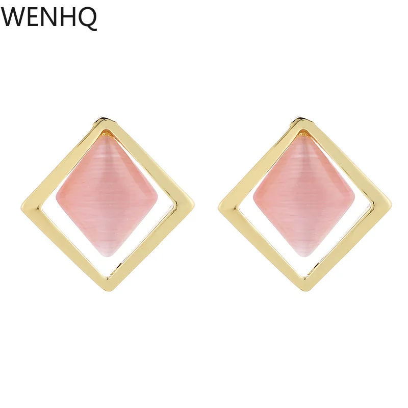 Wenhq jednoduchý retro opál kameň geometrický klip na náušnice vysokokvalitný temperament komárom Coils uši sponky na manžety