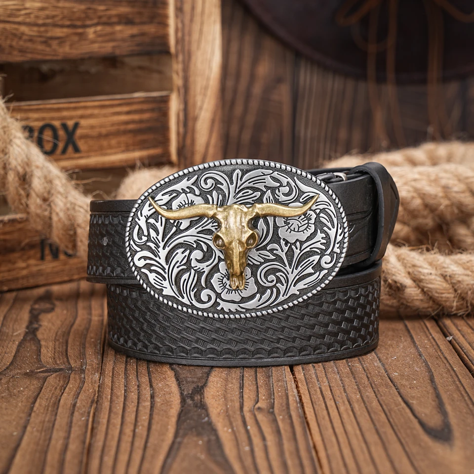Western Cowboy Pu Leather Belt - mužov pásový remienok Bull Decorácie kvetinové vyryté pre džínsy
