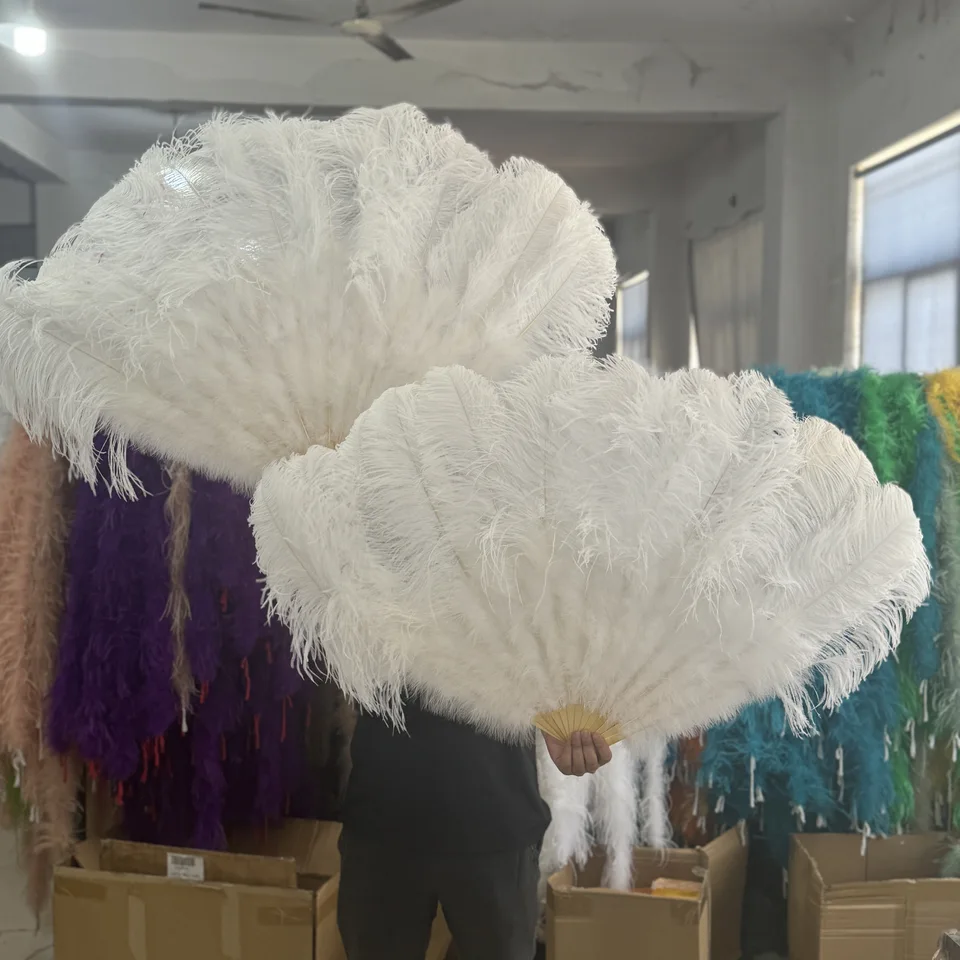 White Natural Pstrich Feather Fan 13 Bone Big Hand Hold Skladacie fanúšik