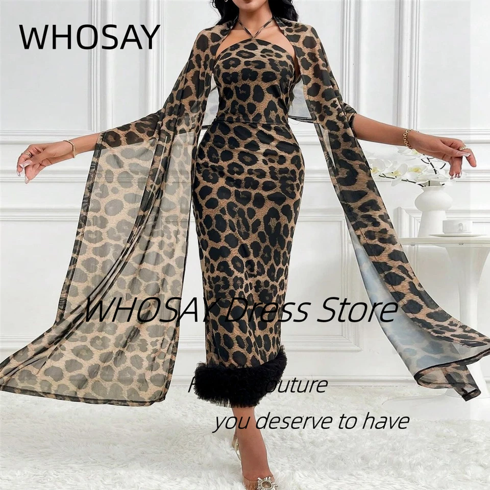 Whosay Leopard Print Prom Dresses 2025 Halter Neck Cocktail Party Dress s šálmi Čierne volnos
