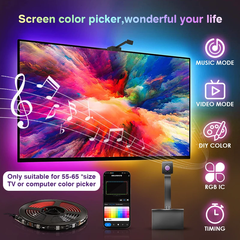 Wi-Fi TV LED podsvietenie RGB Tape Screen Sync Sync Svetlo LED Svetlo pre 55 až 65 palcov TV/PC kompatibilné s Alexa a Assistant Google