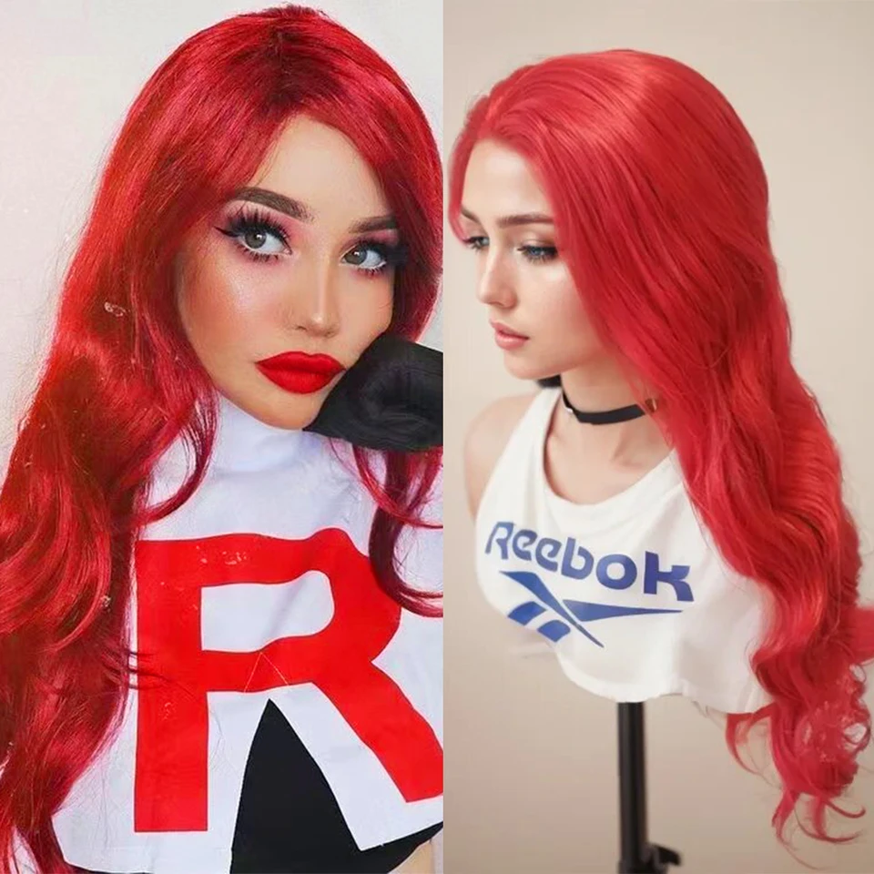 Wif horúca červená syntetická vlna Hair cosplay parochňa červená vlna tela tepelné vlákno -lace predné parochne