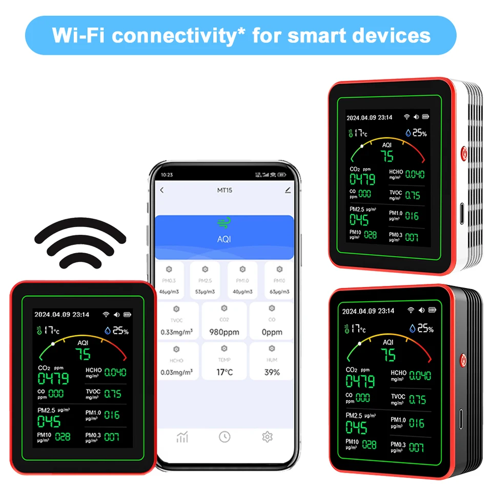 WiFi 15-v-1 Prenosný AQI PM0.3 PM1.0 PM2,5 PM10 Tester Control App Control Household CO CO2 TVOC HCHO TESTter Teplota vlhkosť