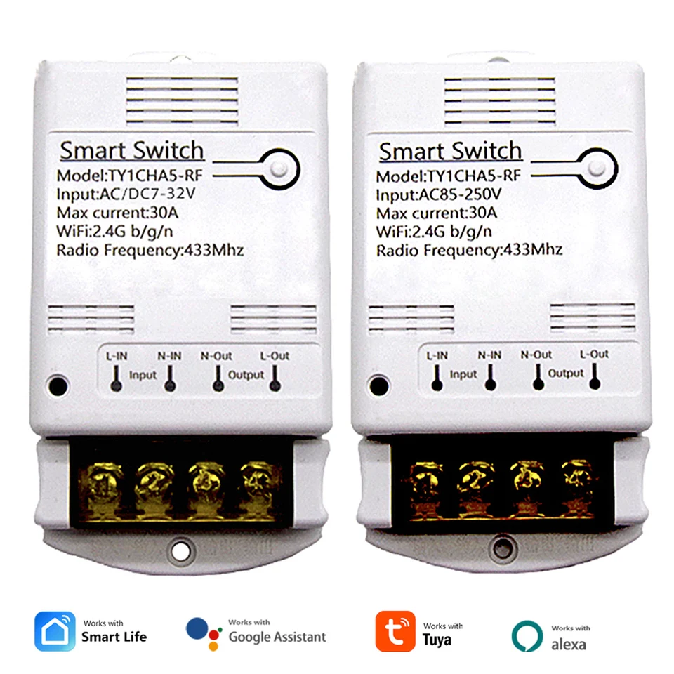 WIFI 30A Reléový modul 85-250V 220V 7-32V Smart Switch Home Automation Controller TUYA Diaľkové ovládanie práce s Alexa Google Home