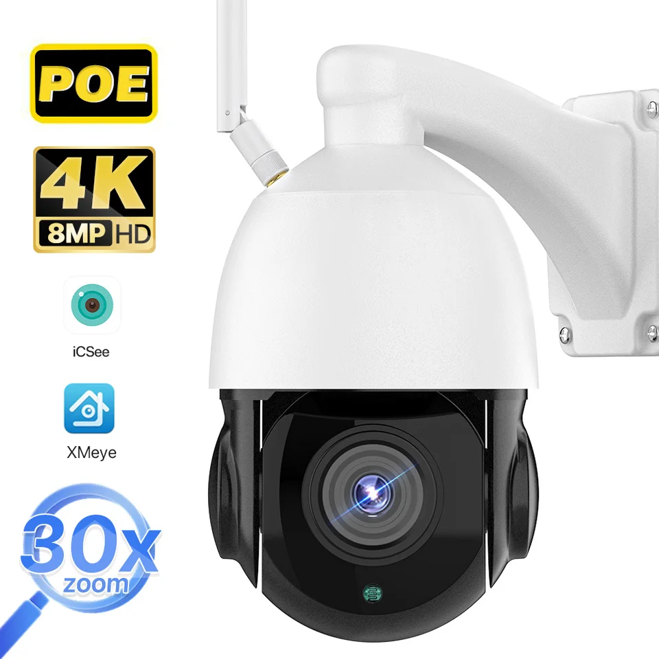 WiFi 4K 8MP Poe PTZ fotoaparát 30x Zoom Automatické sledovanie rýchlosť kupoly kamera CCTV Security Outdoor Witerproof Night Vision Fotoaparát xmeye