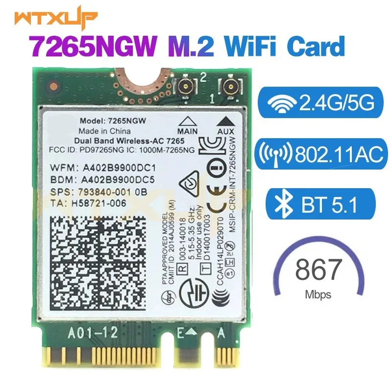 WiFi 5 Adaptér 7265ngw Dual Band 2.4g 5G Bluetooth 4.2 M.2