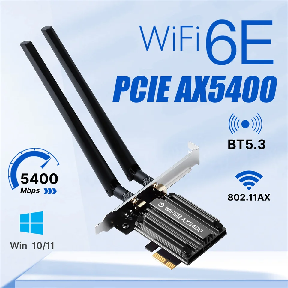 WiFi 6E PCIe WiFi Adapter BT 5.3 802.11ax 5374 MBPS Tri-Band 6GHZ/5GHZ/2,4 GHz Wireless WiFi Sieťová karta pre pracovnú plochu 10/11