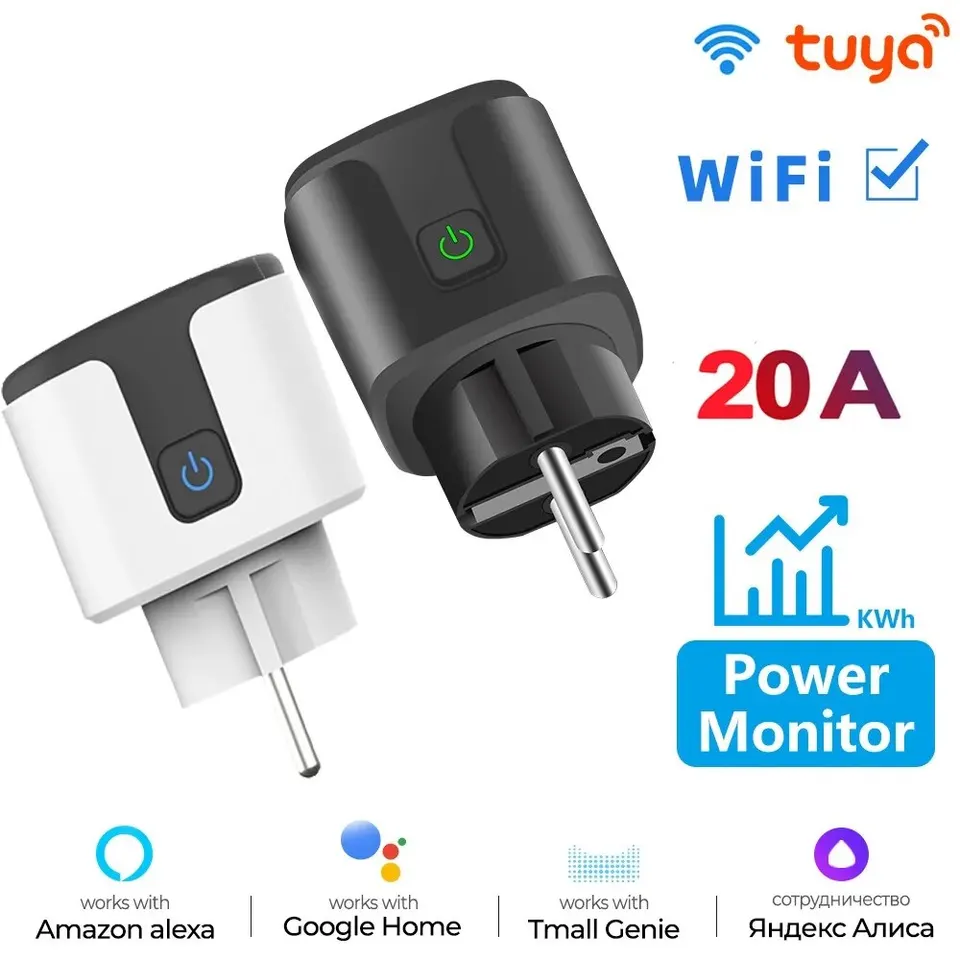 WiFi EU Smart Socket Plug s tuya App Outlet 20A Adapter Power Monitor Aplikácia Diaľkové ovládanie pre Google Home Alexa