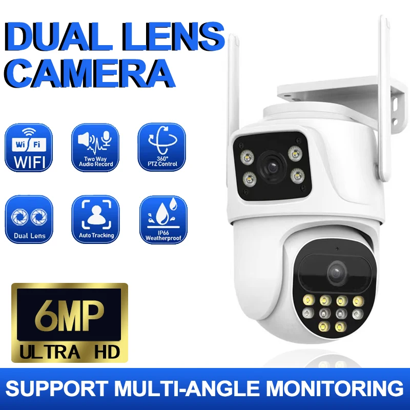 WiFi fotoaparát duálna šošovka Duálna obrazovka Outdoor IP66 nepremokavý mobilný telefón diaľkové ovládanie 6MP Ultra HD Color Night Vision Fotoaparát