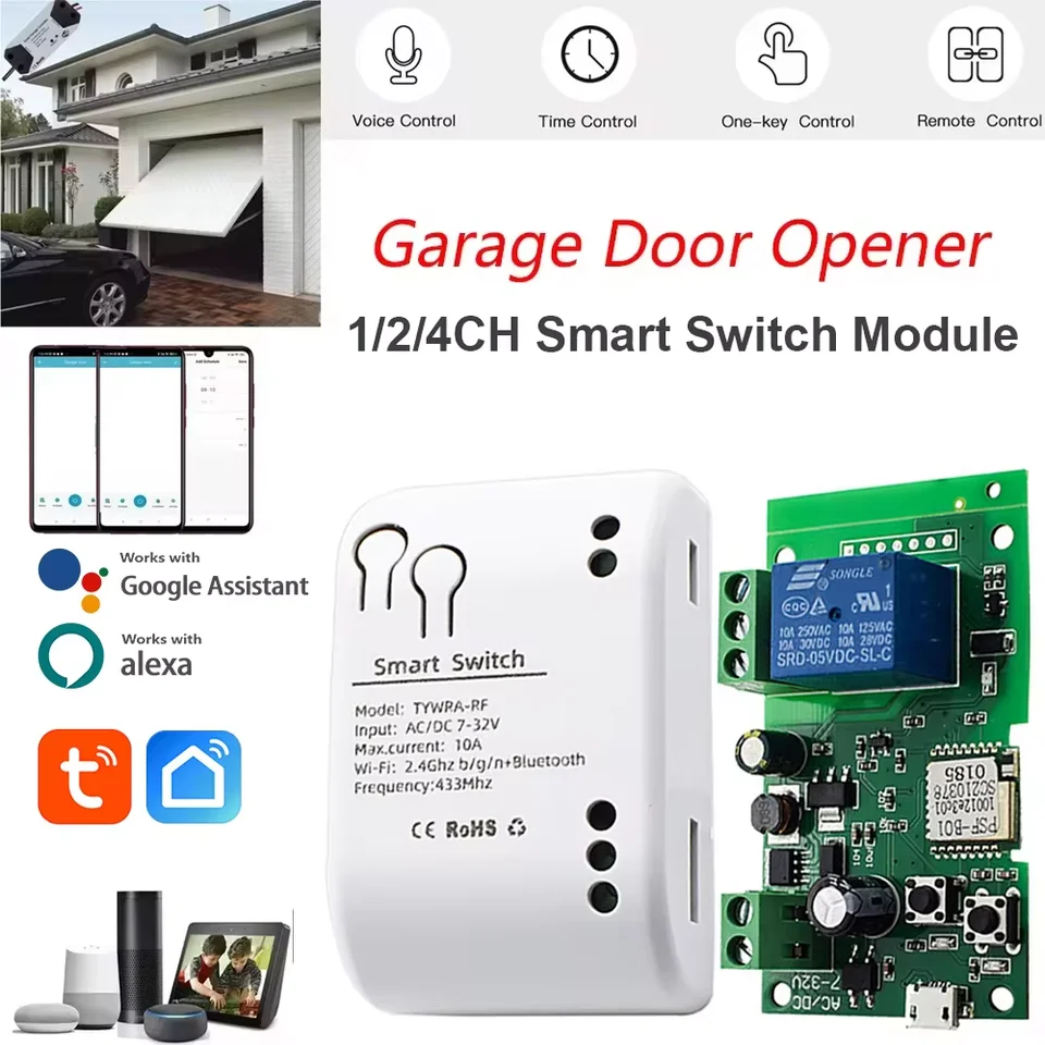 WiFi inteligentné otvárač garážových dverí Tuya Smart Life App Motor Switch Motor Motor Ac DC 7-32V 85-250V RF433 Inching/Self Locking Reel