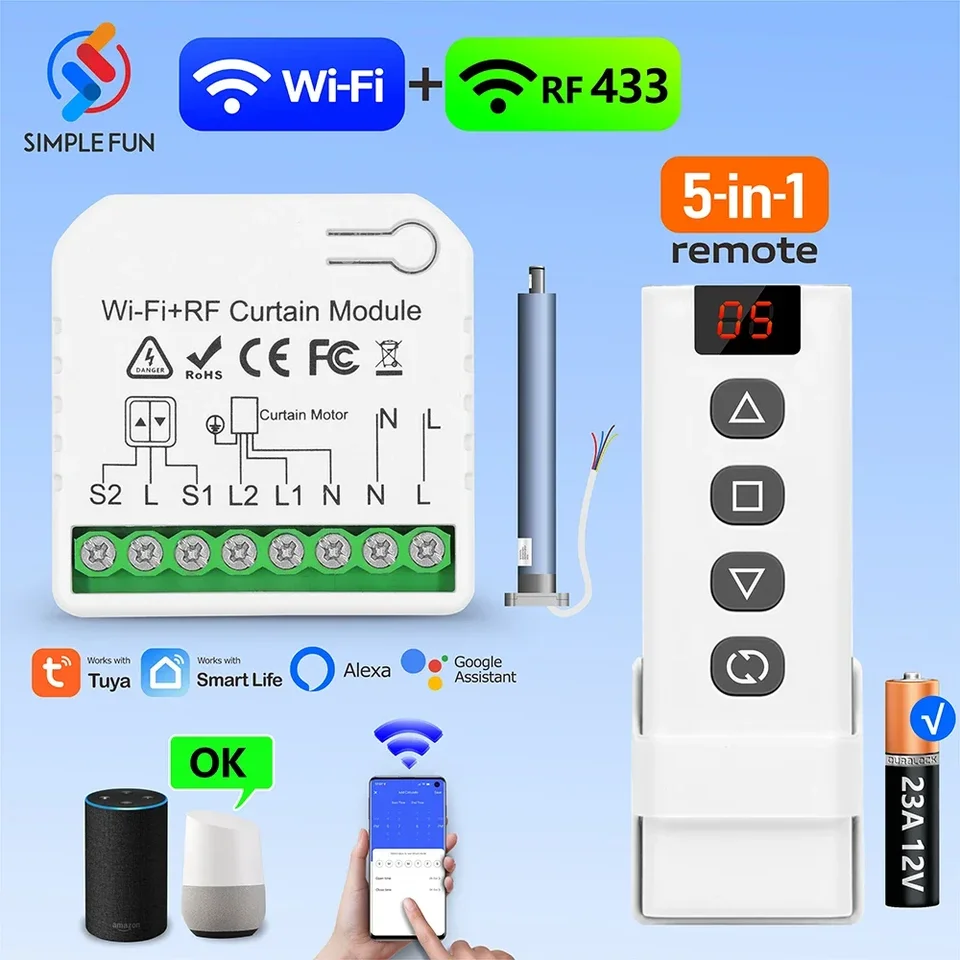 WiFi RF Curtain Smart Switch, TUYA SMART LIFE MODULE pre Roller Shutter Window Rolds, 5-v-1 Diaľkový ovládač, časovač, Google Home Alexa