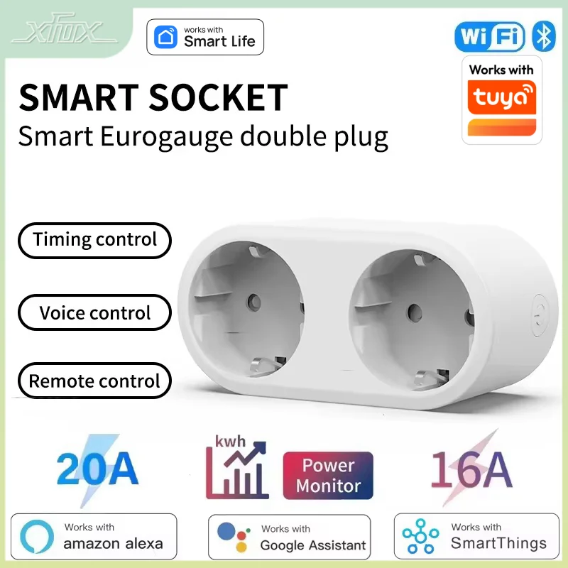 WiFi Smart Dual Plug Socket EÚ 16a 20a 2 Funkcia s výkonom monitor hlasový riadenie Smart Life Funguje s Tuya Alexa Google