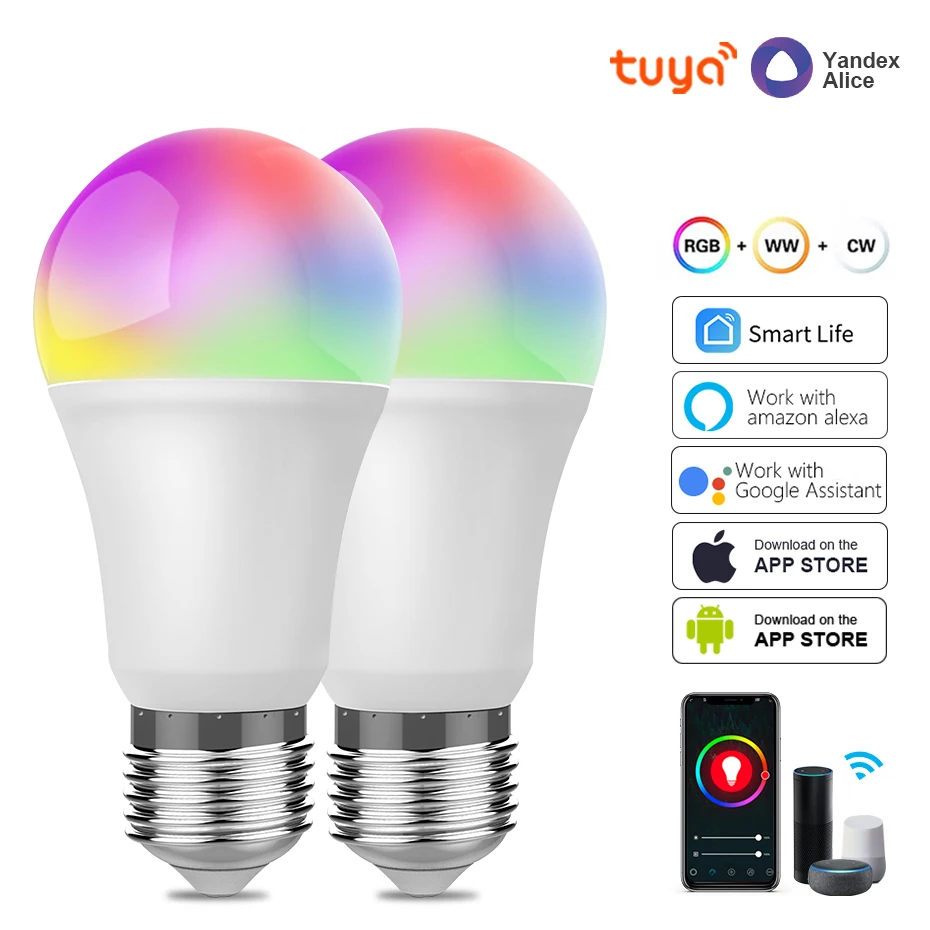 WiFi Smart LED žiarovky E27 Tuya/Smart Life RGB+White+Warm LED žiarovka 220V lampa pre Yandex Alice Automation Google Home Alexa