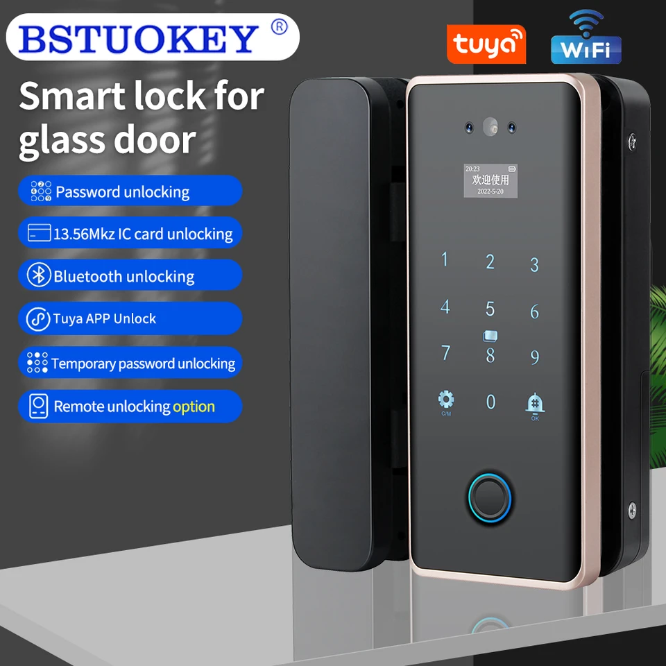 WiFi tuya 3D Face Smart Lock pre sklenené dvere s fotoaparátom Fingerprint Face Rozpoznajte kartu Biometrický kľúč Biometrický kľúč