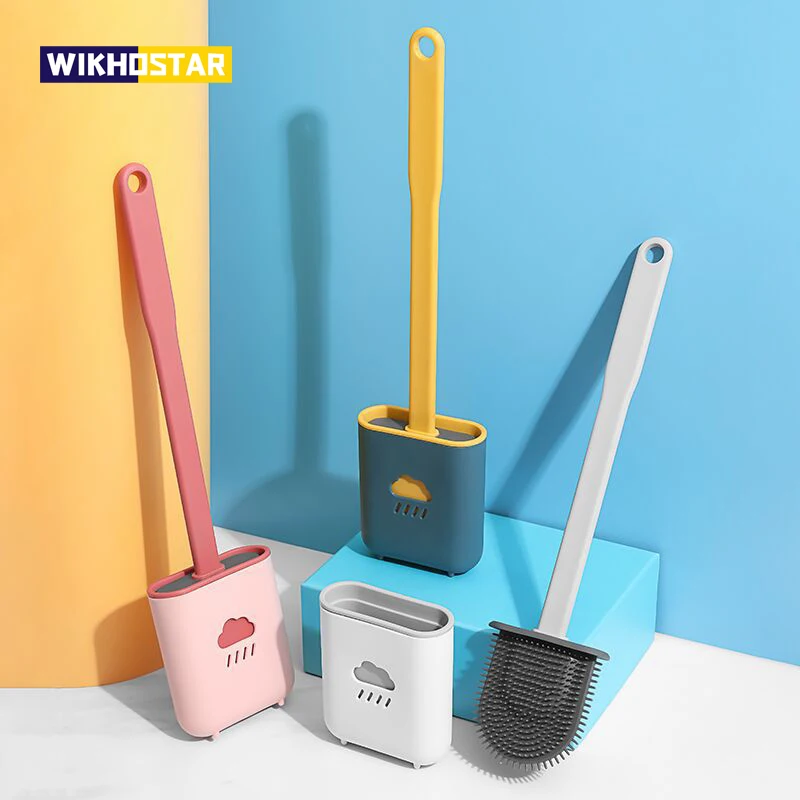 Wikhostar Silikónová toaletná kefka WC čistiaca kefka WC s držiakom plochá hlava Flexibilná mäkká štetiny kefy kúpeľňové doplnky
