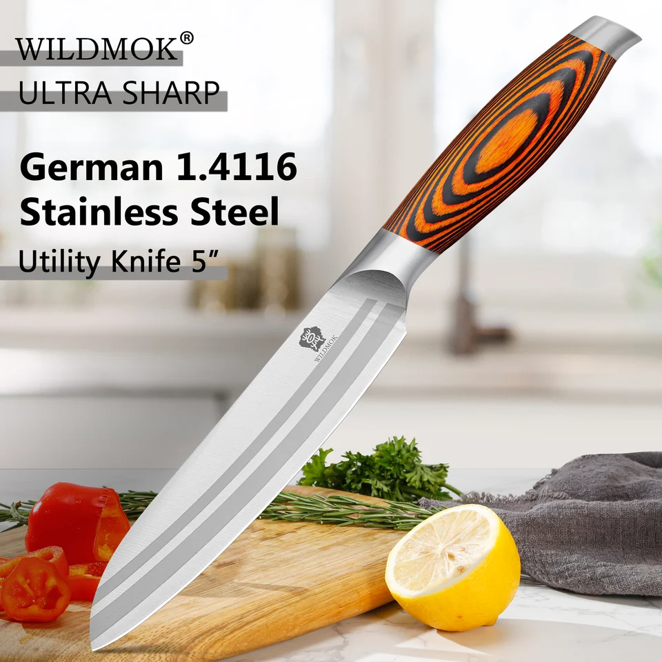 Wildmok Utility Nôž 5 palcov kuchynský nôž Premium nemecká oceľ Sharp Blade viacúčelové použitie s ergonomickou rukoväťou pakkawood