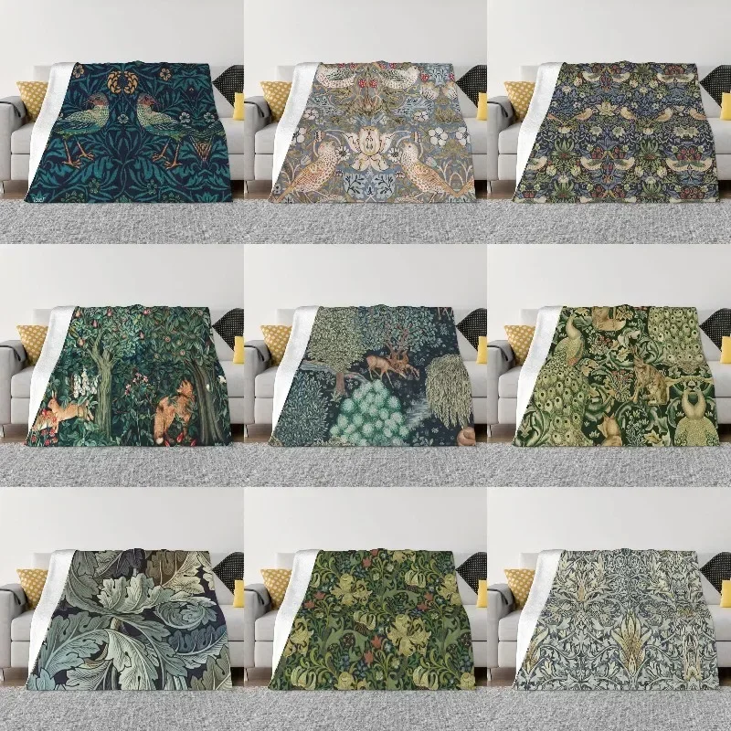 William Morris Deer Hrot Deer Deer Deer Sofa Fleece Teplý flanel textilný vzorový prikrývky pre posteľné auto gauč Bedspreads