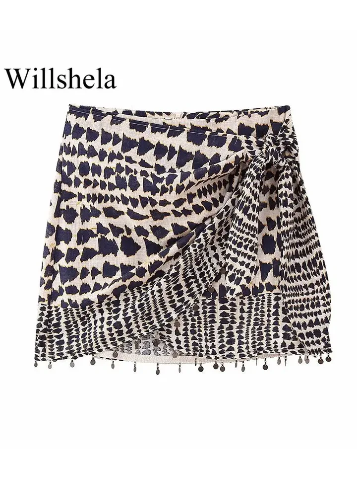 Willshela Women Fashion s korálkami tlačenými skladanými chrbtovými zipsovými sukňami vintage s vysokým pásom ženská elegantná dáma sukne