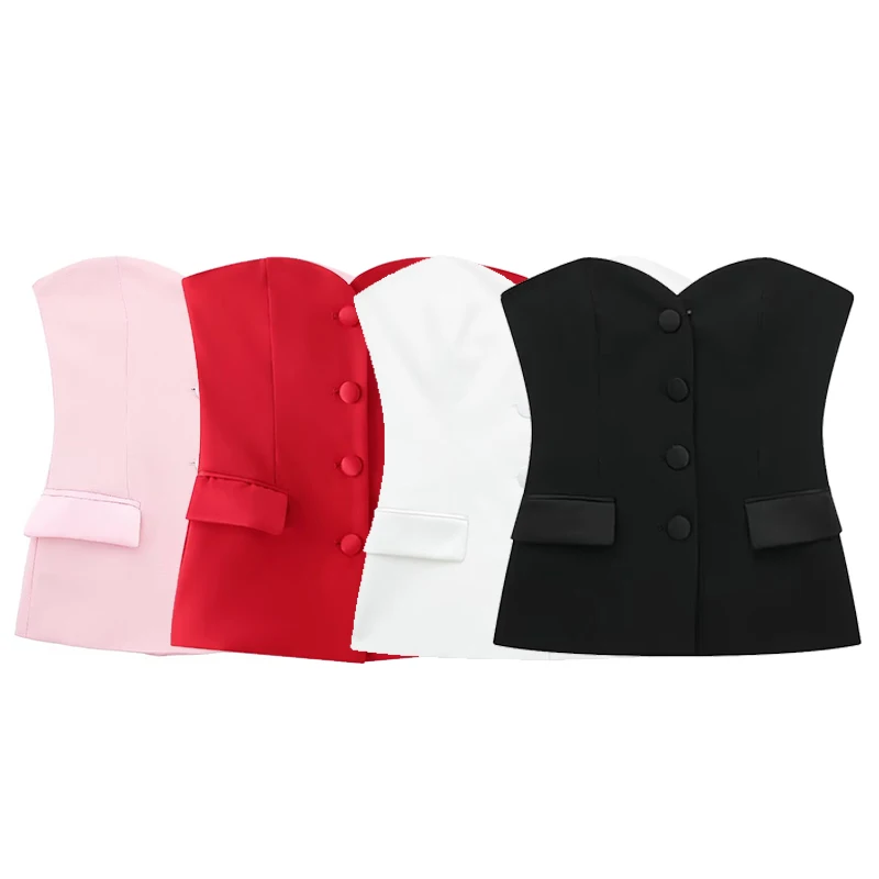 Willshela Women Fashion s vreckami pevná bustier single Breast Corzet Topy Vintage bez rukávov bez rukávov bez rukávov, elegantná dáma Top