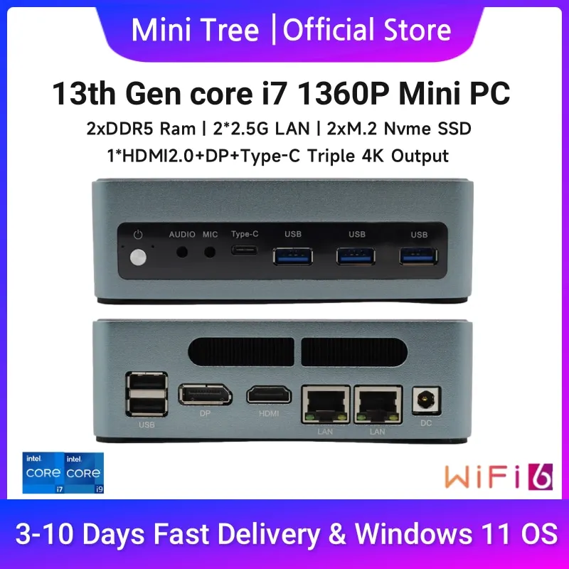 Win 11 Office Gaming Mini PC i7 1360p 1355U NUC Mini počítač WiFi6 DDR5 NVME 13. gen CPU Desktop Mini Box PC HD DP Typce-C 4K