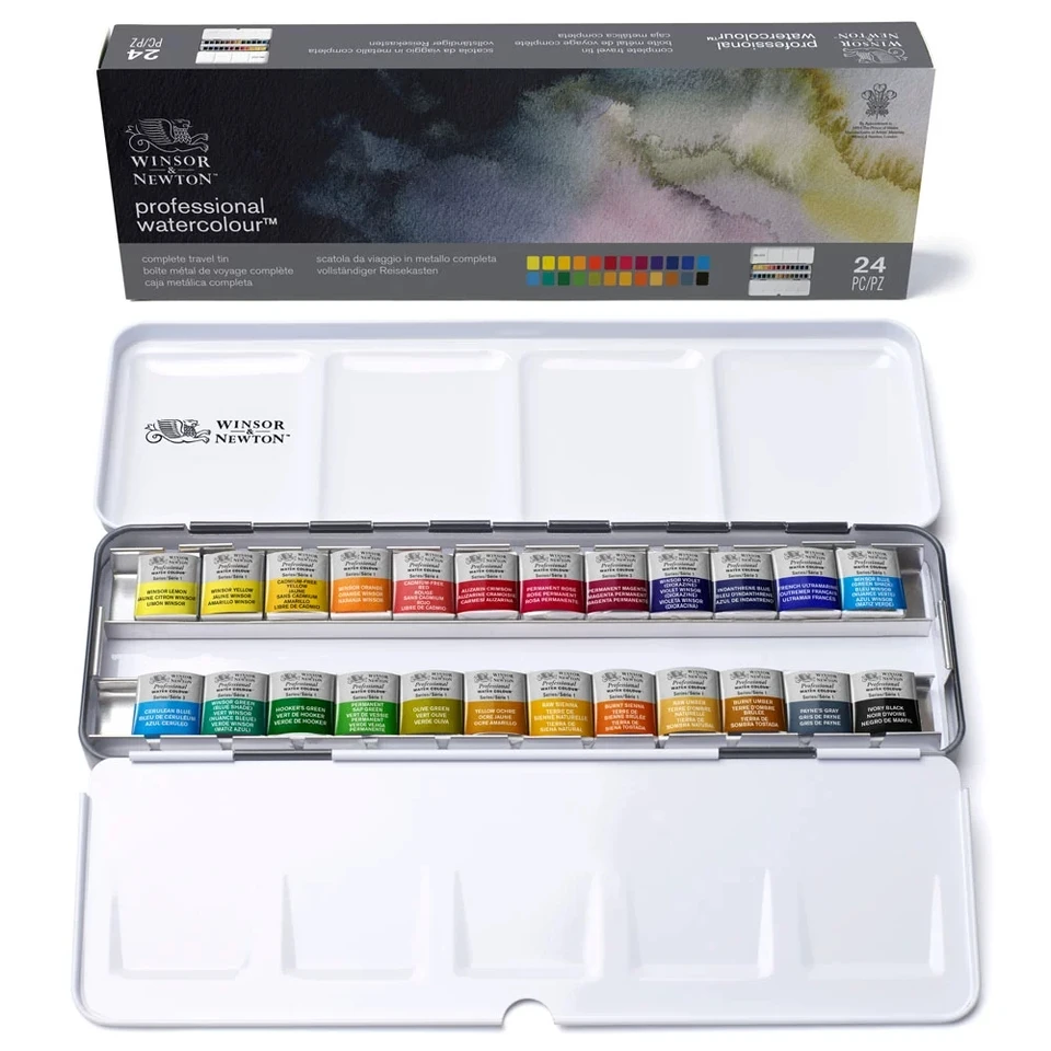 Winsor & Newton Artist Professional Watercolor Lightweight Metal Box 24 Half Pans Color Field vrecká sada na paletu