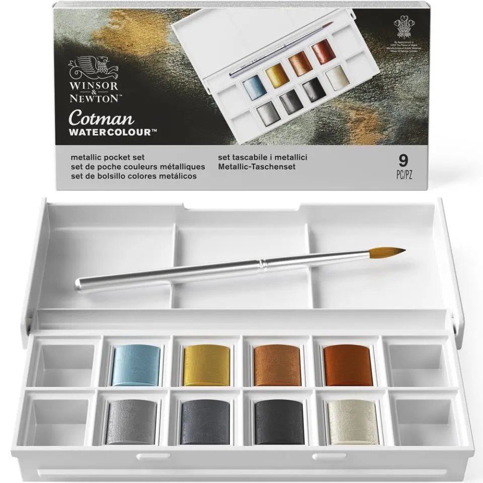 Winsor & Newton Cotman Watercolor 8 Half Pan Metallic Set prenosná cestovná tuhá farba pre umelcov Painters Art Suplies