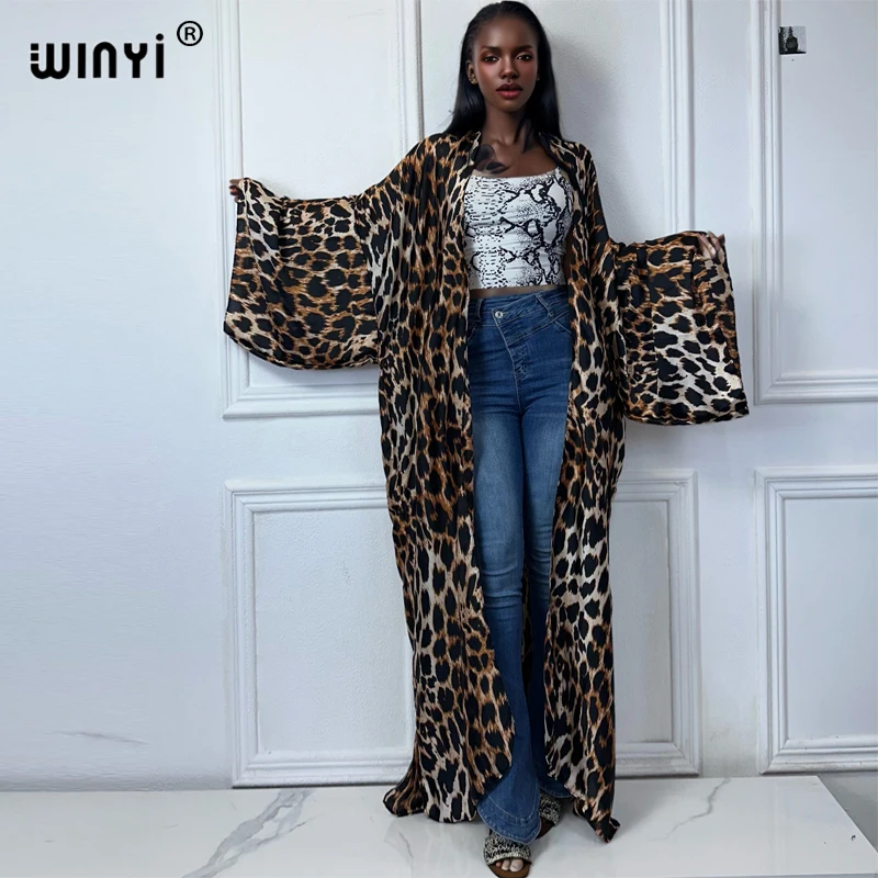 Winyi boho leopard tlač kimonos maxi šaty pre ženy Cardigans plážové oblečenie kaftan zakryte večerné šaty dlhý kabát