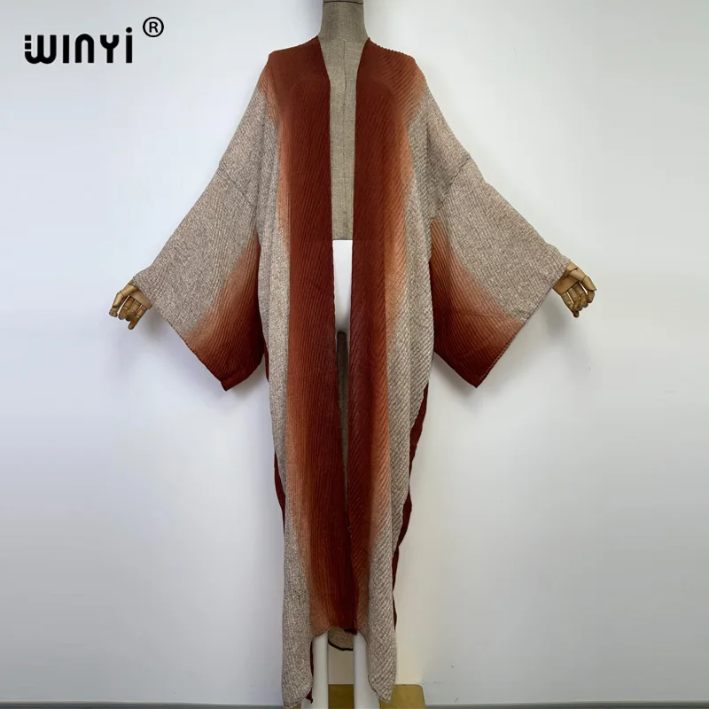 Winyi Gradient Color Tlač bavlny skladané šaty plážové nosenie elegantné Africké ženy Cardigan Hot Bohemian Holiday Party Kimono