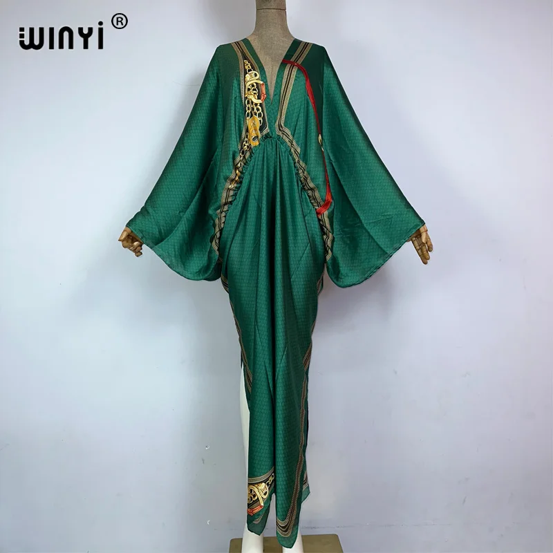 Winyi Nové letné vysoké vidlice Sexy boho tlačené šaty Ženy kaftan bohémia s dlhým rukávom kaftan dámske dámske módne pláž krytie Vestidos