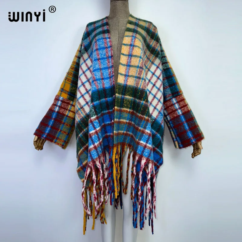 Winyi Winter Women Tassel Vintage Square Printing Cargan Cort Loose Husté teplé ženy teplý kabát Outwears plášťový plášť
