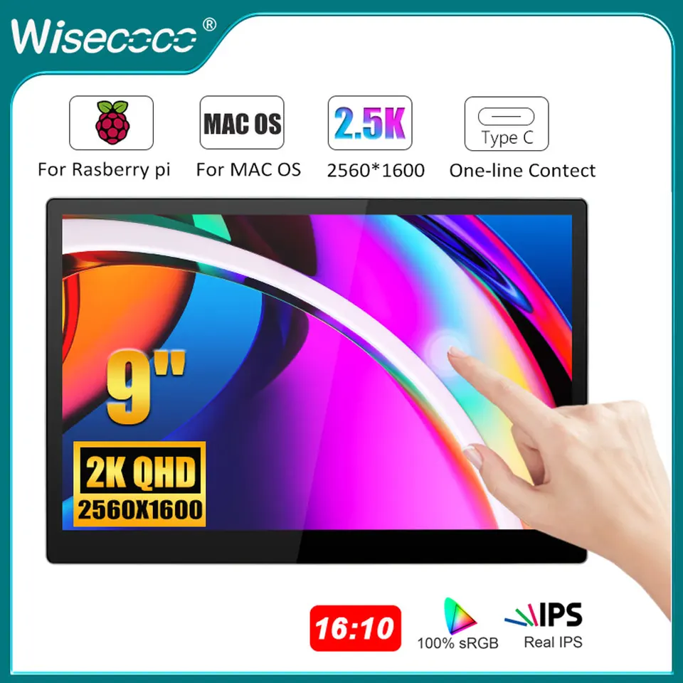 WisecoCo 2,5K 2560x1600 9 palcov Raspberry Pi 4 dotyková obrazovka Prenosná mini monitor USB C HDMI NAPOHOP DISPIT pre počítač MacBook PC